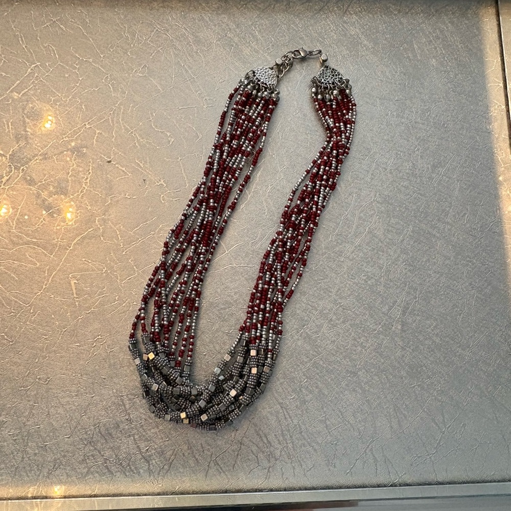 Multi-Strand Red and Gunmetal Beaded Necklace - Designer Style